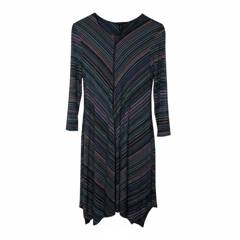 BCBGMAXAZRIA Dress Women's Small Black Rainbow Stripe Long Sleeve Sharkbite Hem